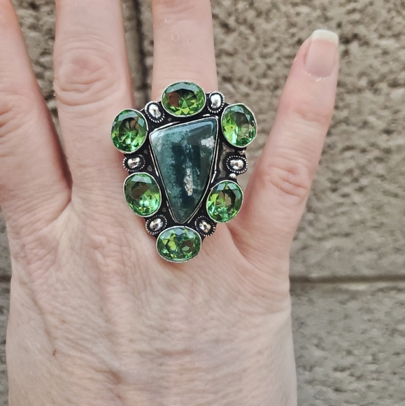 New Oversized Indian Moss Agate & Tsavorite 925 Silver Statement Ring. - Picture 12 of 16